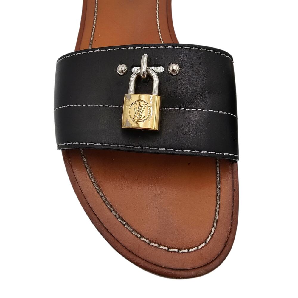 Louis Vuitton Lock It Flat Slide Sandal Black Brown Leather Gold Size 38 US 8 - Picture 6 of 13
